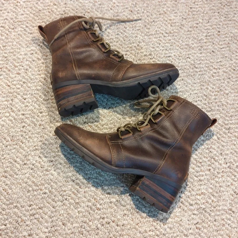 Sorel Cate Lace Up Ankle Boots Womens 8 Brown Leather Block Heel